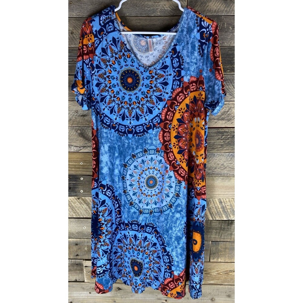 Weaczzy Women's Sz XL Blue Orange Mandela Pattern Short Sleeve V-Neck Dress